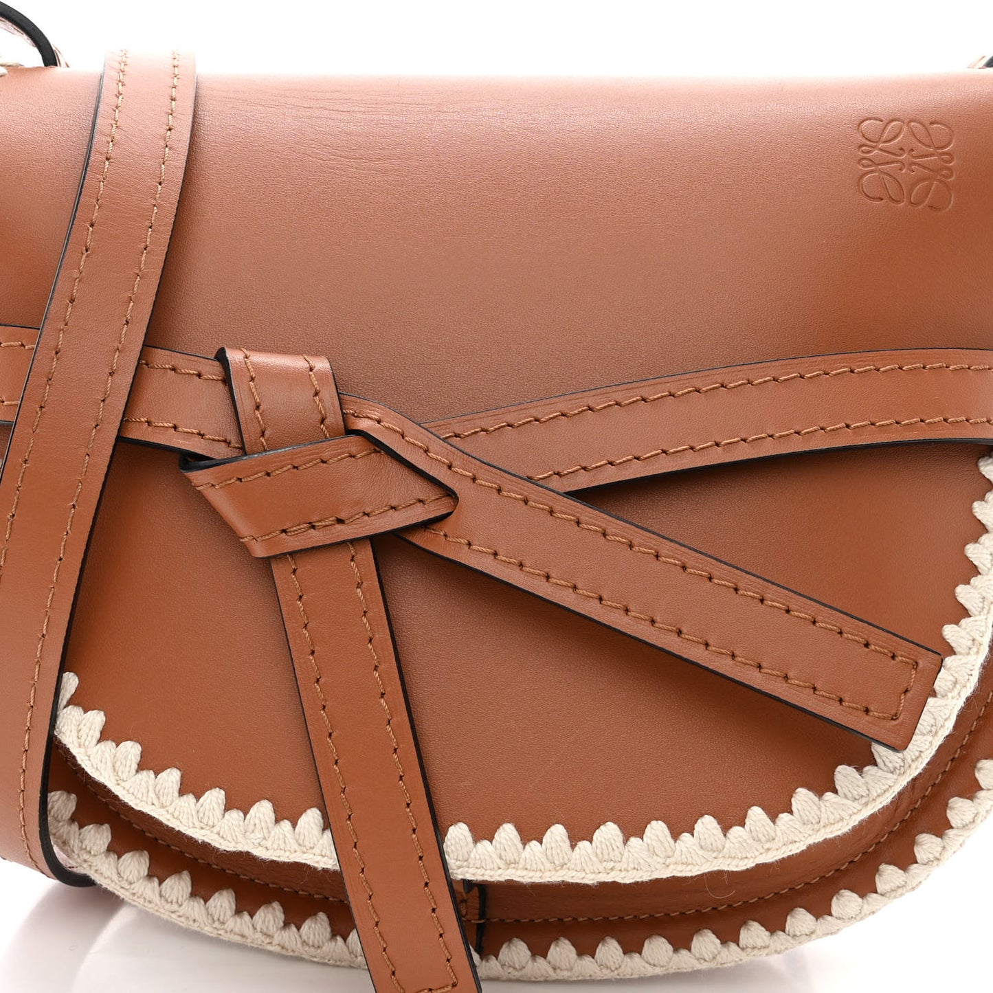 Calfskin Crochet Trim Small Gate Crossbody Bag Tan