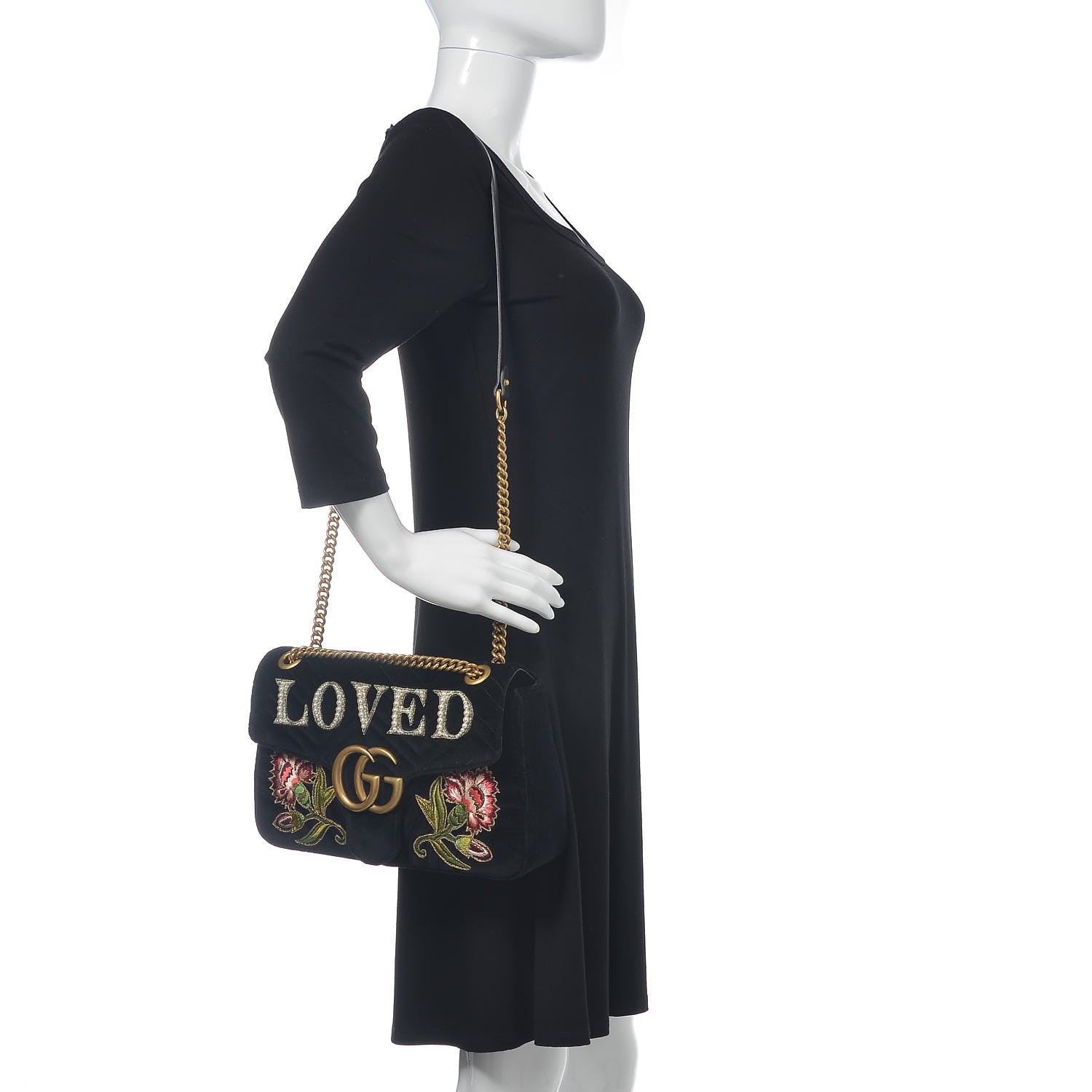 Gucci Velvet Matelasse Loved Embroidered Medium GG Marmont Shoulder Bag Black 2 of 11