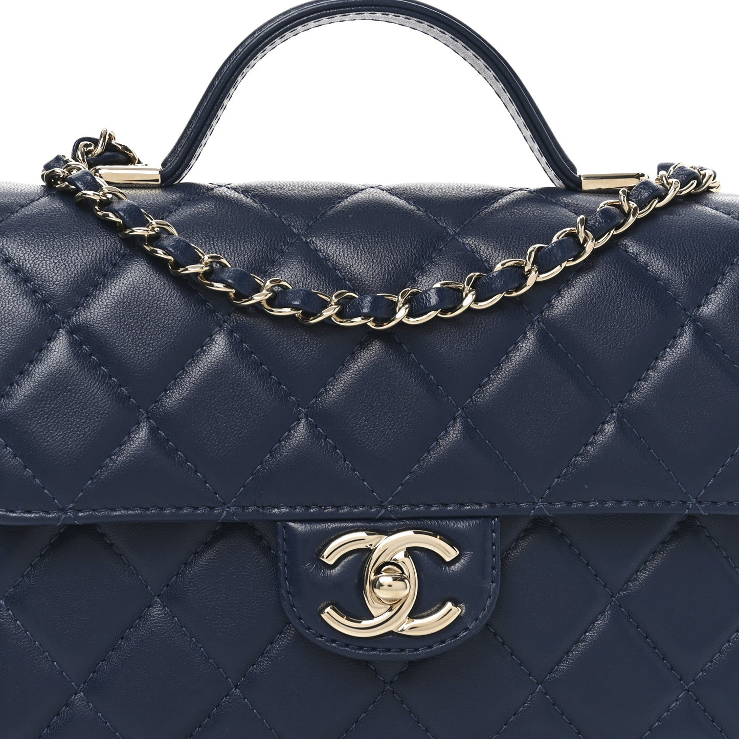 Lambskin Quilted Small Top Handle Square Flap Navy Blue