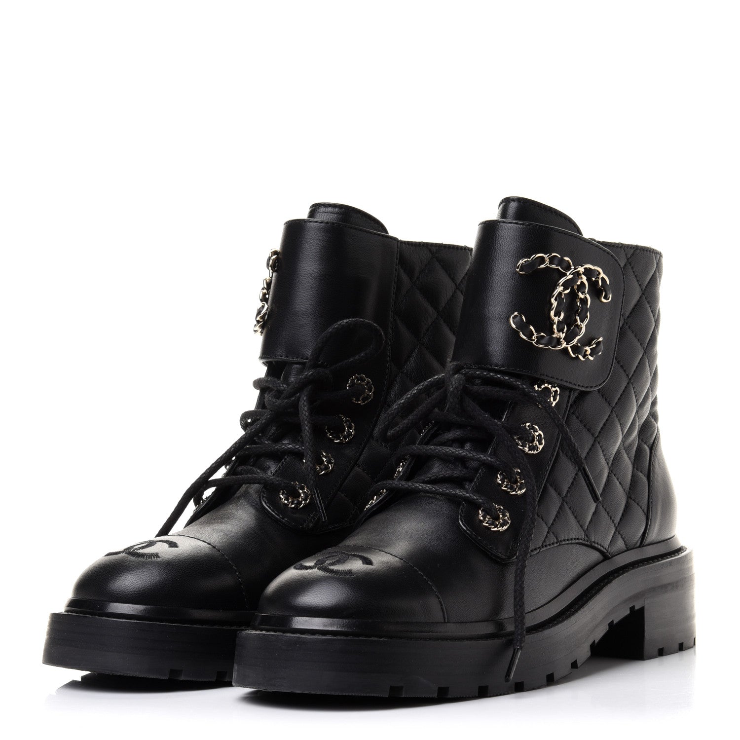Chanel Shiny Lambskin Quilted Lace Up Combat Boots 36 Black 3 of 10