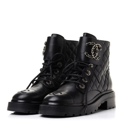 Chanel Shiny Lambskin Quilted Lace Up Combat Boots 36 Black 3 of 10