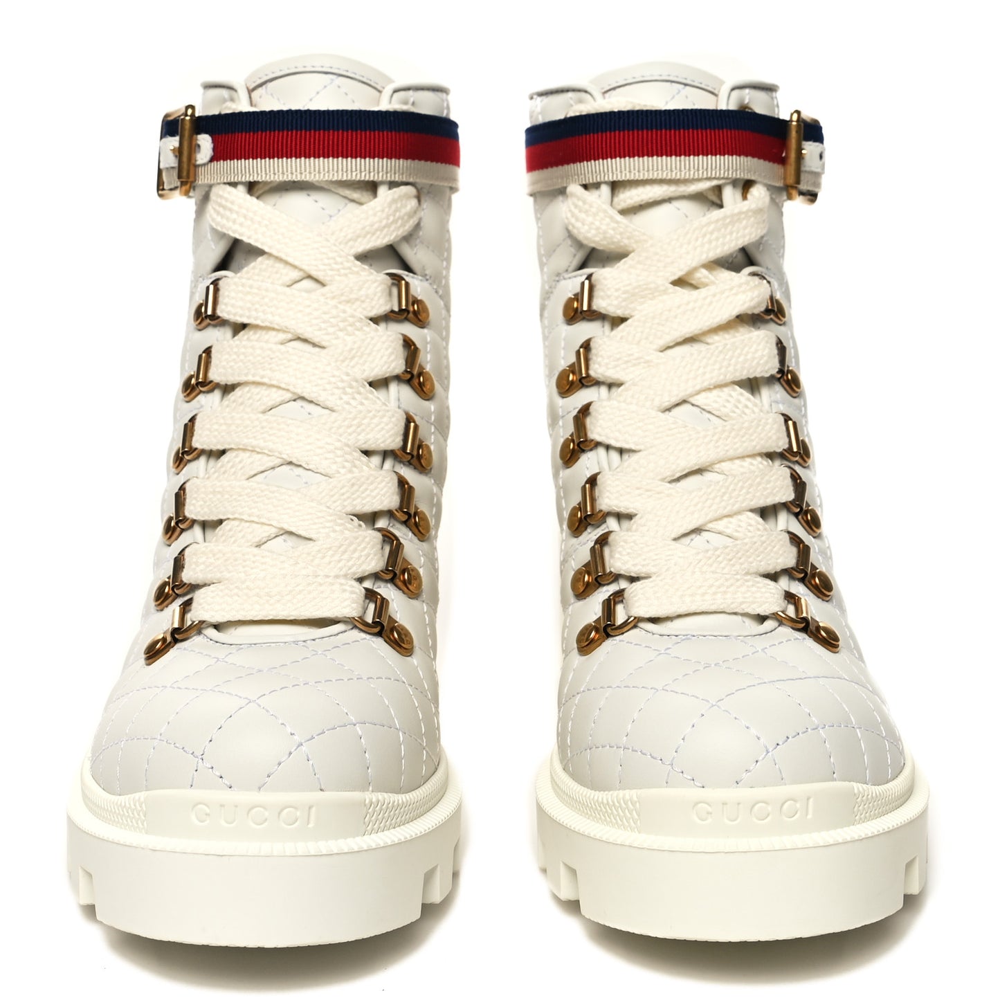 Calfskin Quilted Sylvie Web Lace Up Combat Ankle Boots 36.5 White