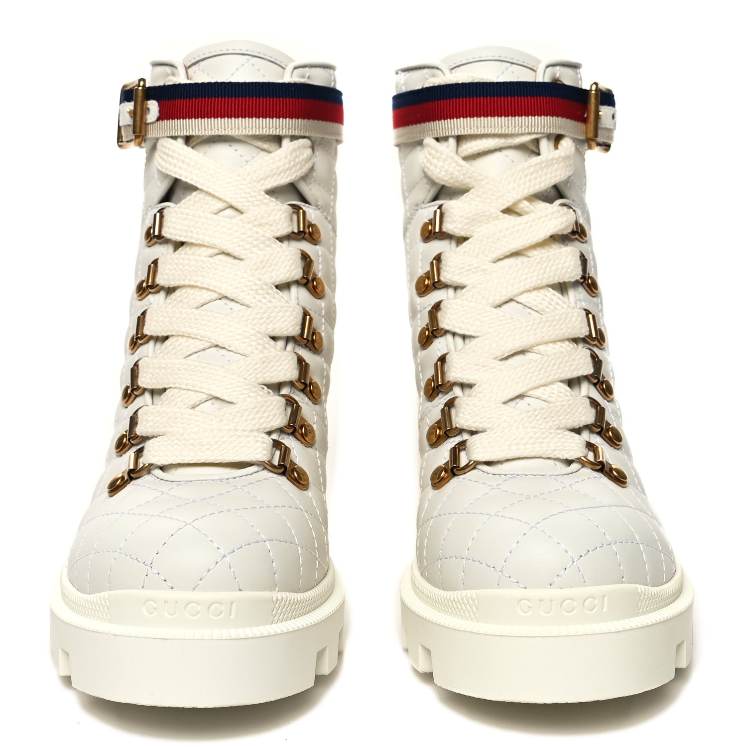 Gucci Calfskin Quilted Sylvie Web Lace Up Combat Ankle Boots 36.5 White 2 of 9