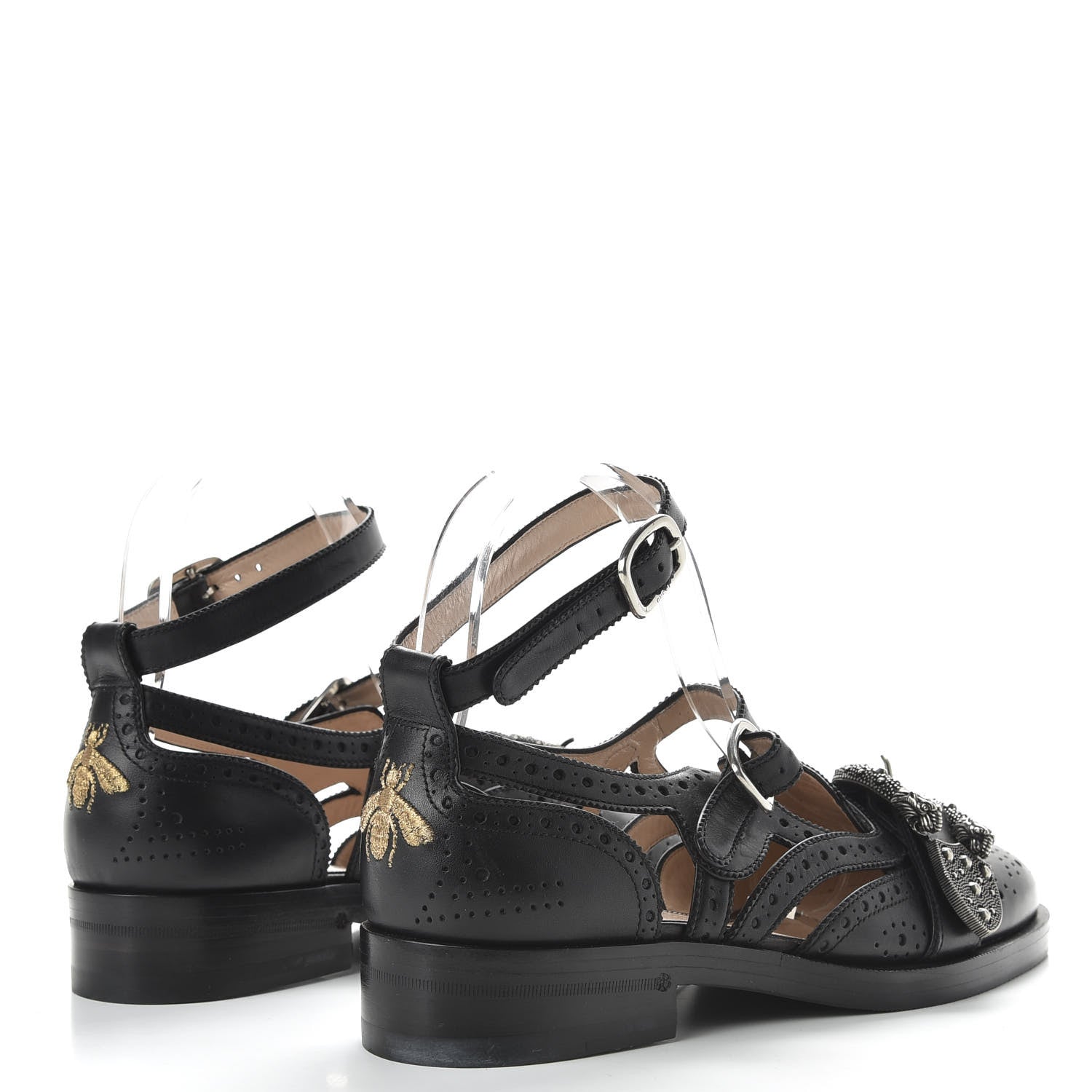 Gucci Calfskin Bee Embroidered Womens Queercore Brogue Wingtip Monk Strap Loafers 38 Black 4 of 9