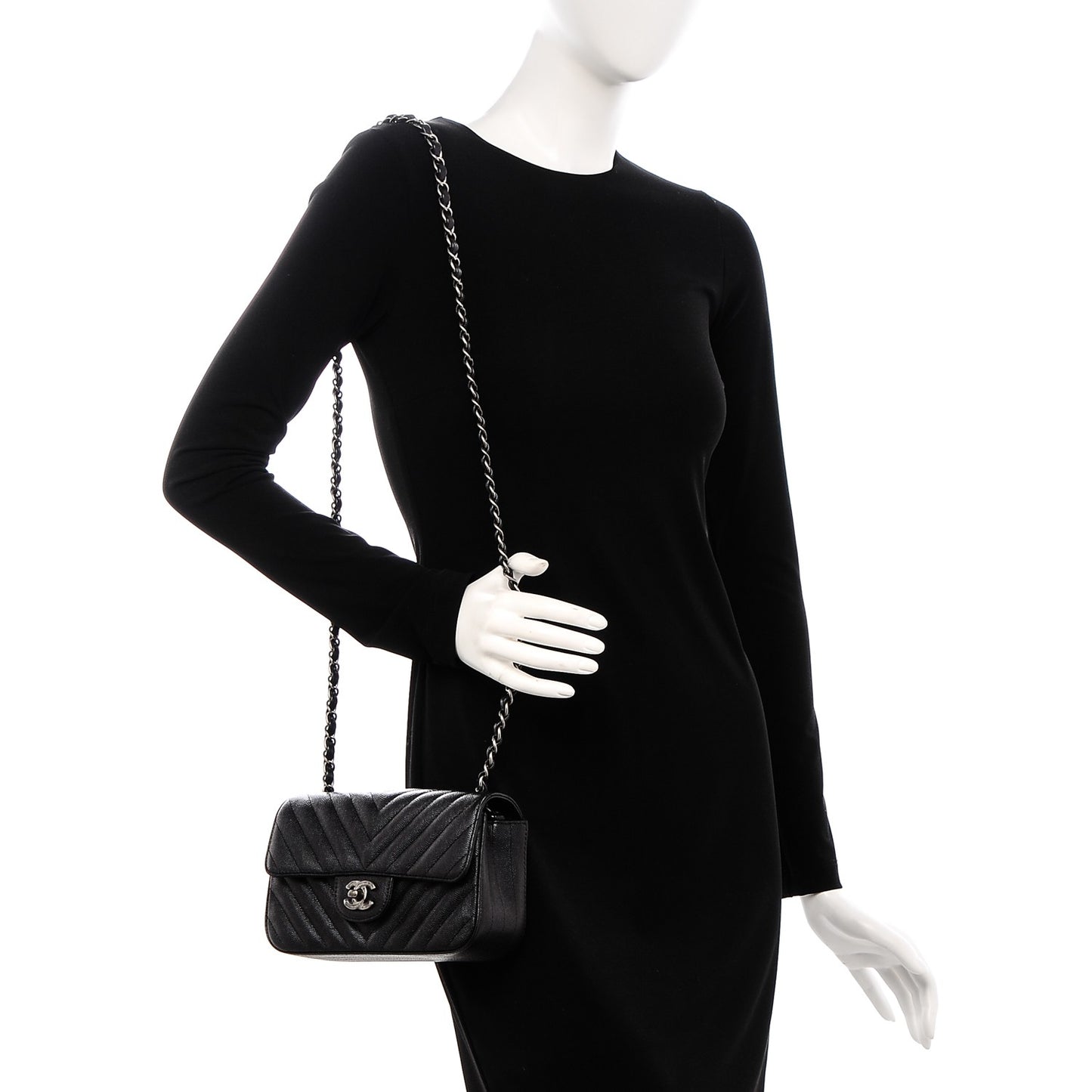 Metallic Caviar Chevron Quilted Mini Rectangular Flap Black