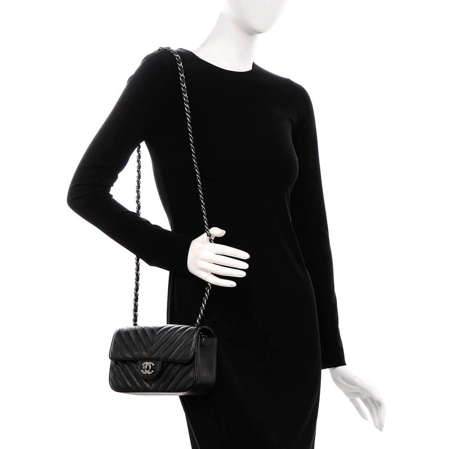 Chanel Metallic Caviar Chevron Quilted Mini Rectangular Flap Black 2 of 7