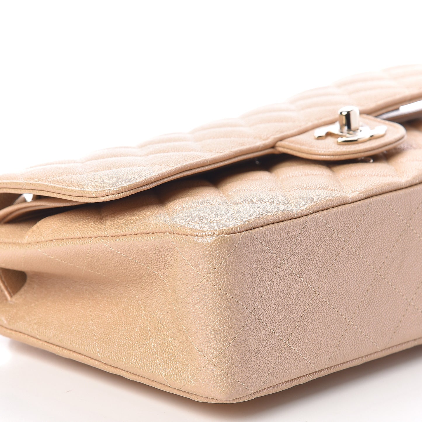 Iridescent Caviar Quilted Medium Double Flap Beige