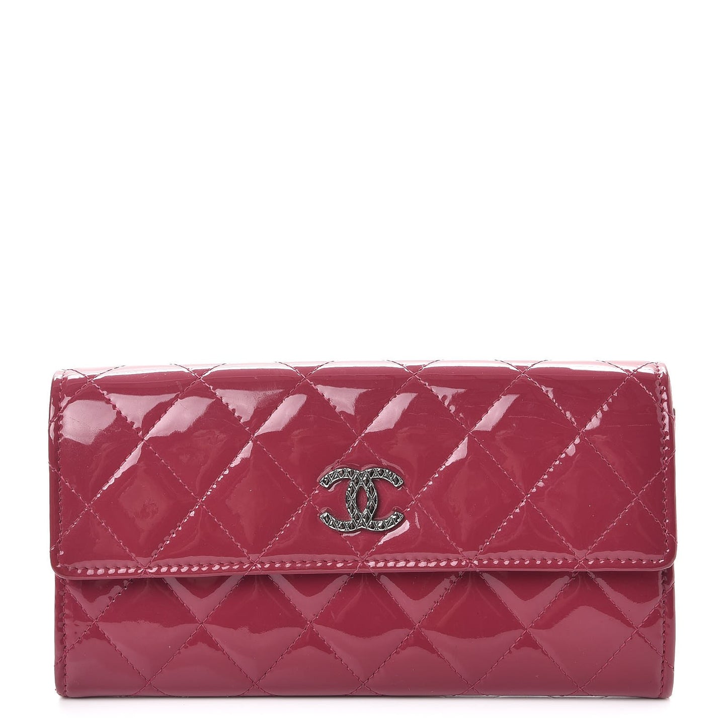 Patent Calfskin Quilted Large Brilliant Flap Wallet Fuchsia