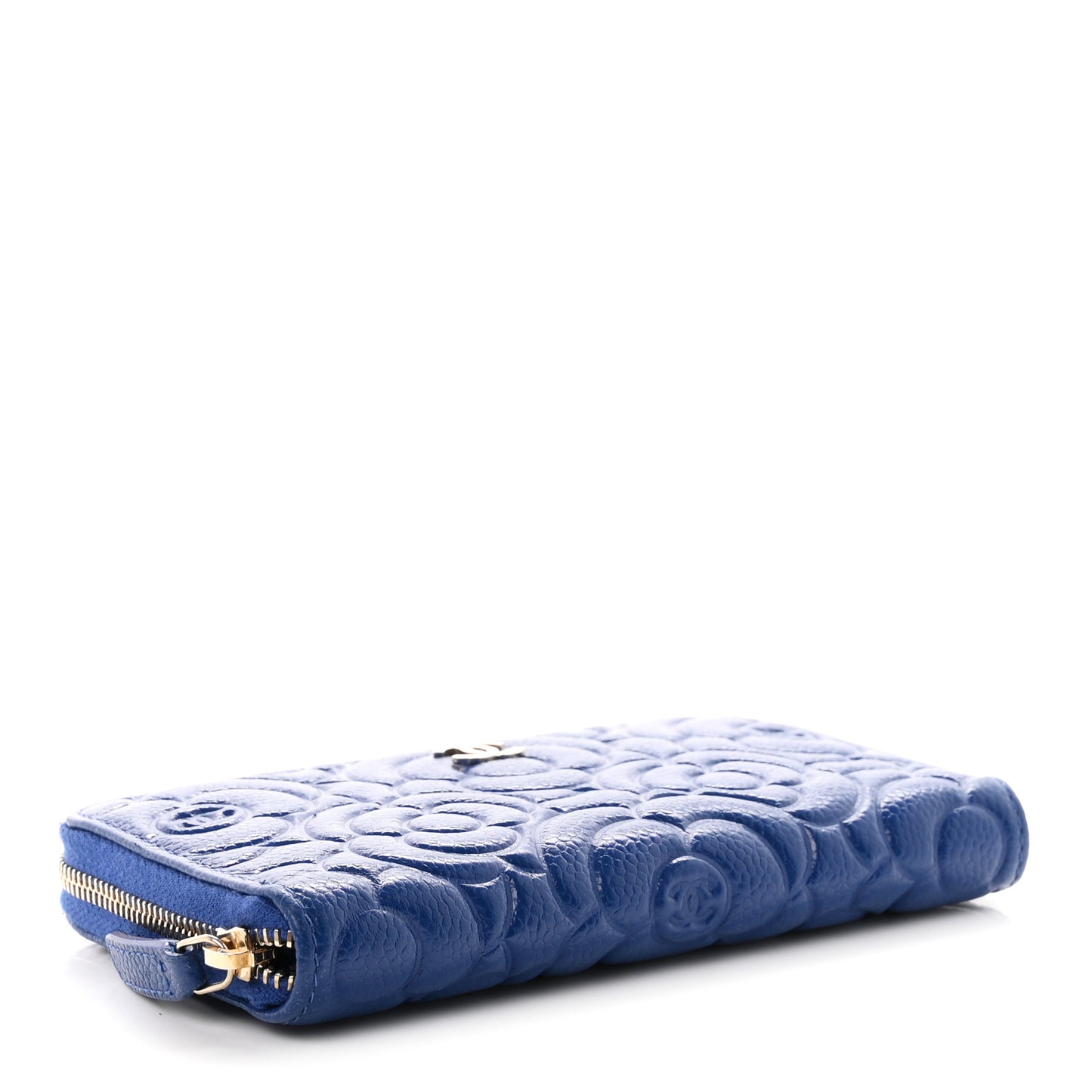 Caviar Camellia Embossed Medium Zip Around Gusset Wallet Blue