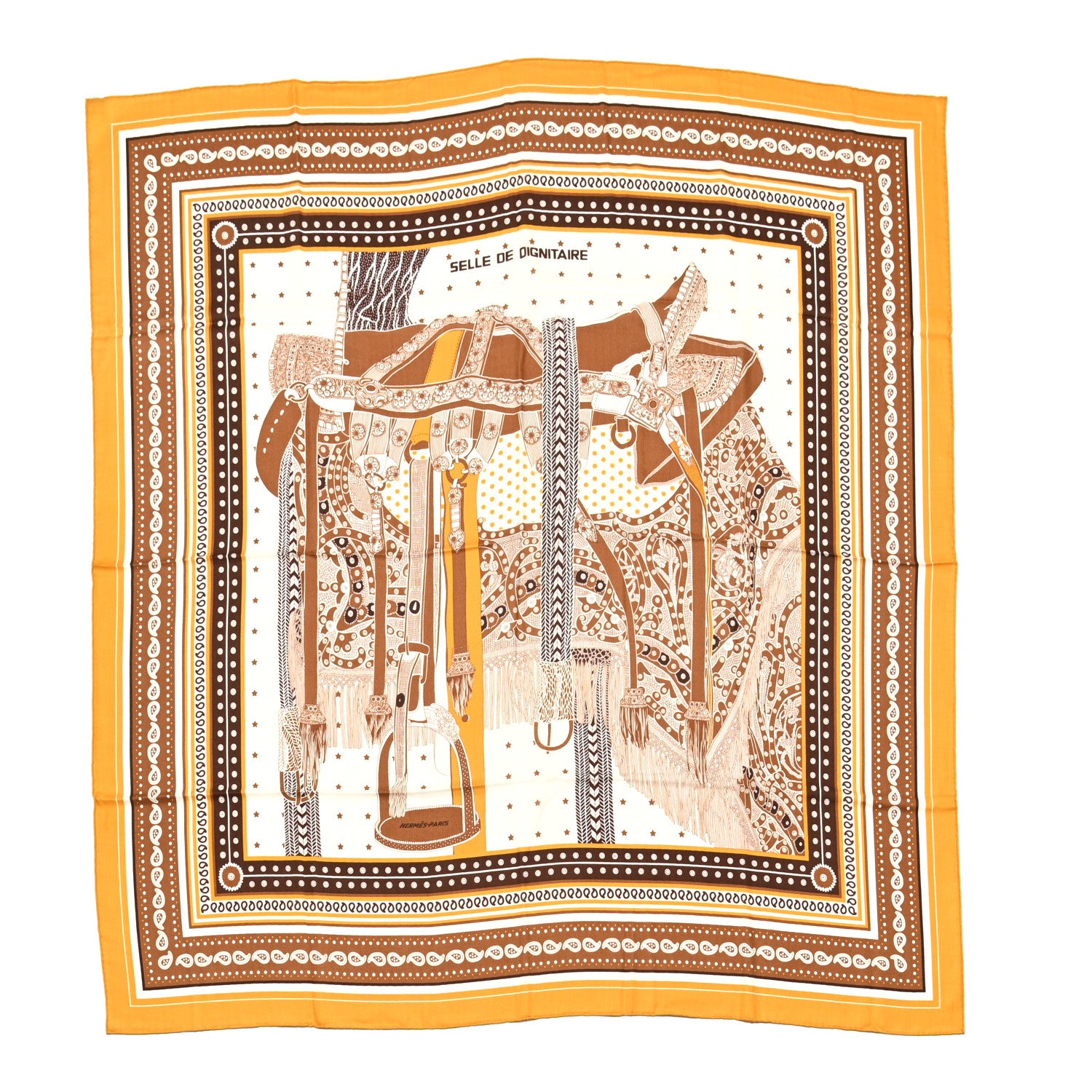 Hermes Cashmere Silk Selle De Dignitaire Shawl 140 Curry Camel White 1 of 5