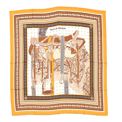 Hermes Cashmere Silk Selle De Dignitaire Shawl 140 Curry Camel White 1 of 5