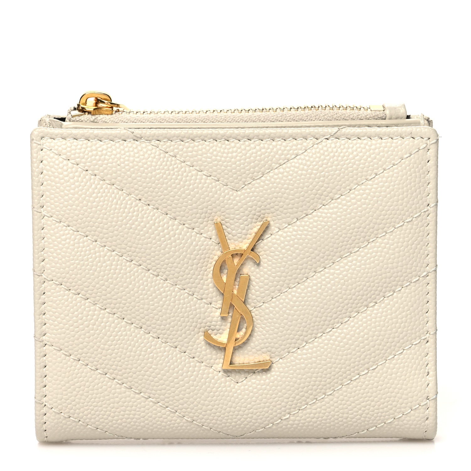 Saint Laurent Grain De Poudre Matelasse Chevron Monogram Zipped Card Case Crema Soft 1 of 10