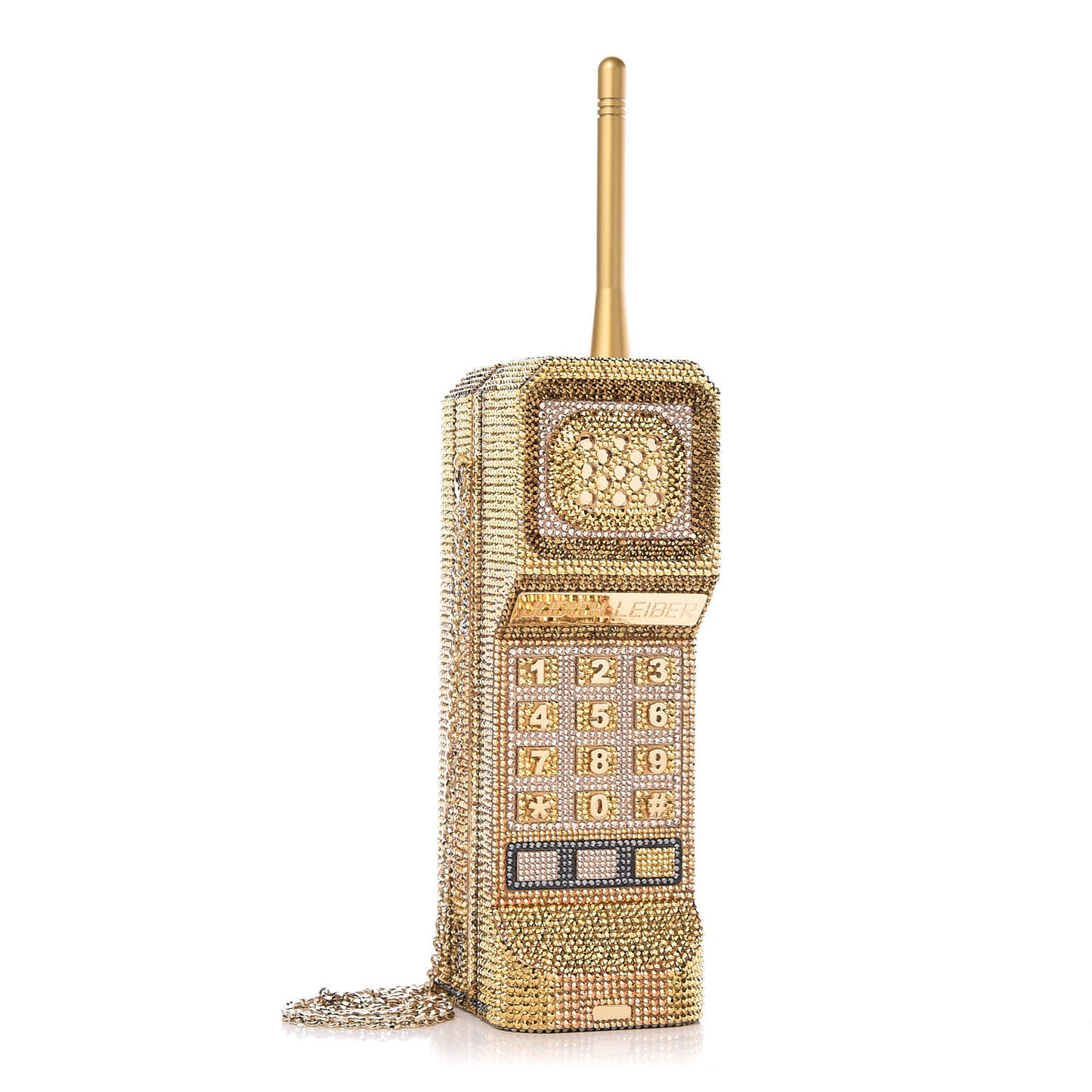 Austrian Crystal Call Me Brick Phone Minaudiere Clutch Multicolor Gold