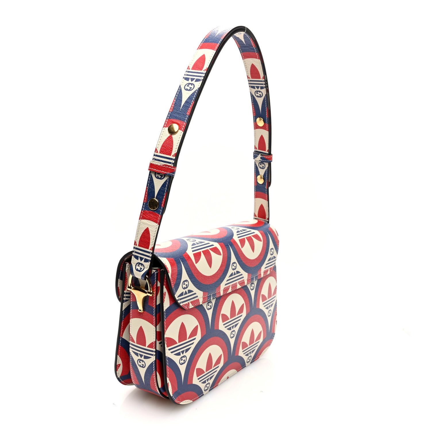 Gucci X ADIDAS Shangai Calfskin Web Trefoil Interlocking G Small Horsebit 1955 Shoulder Bag Red White Blue 3 of 9