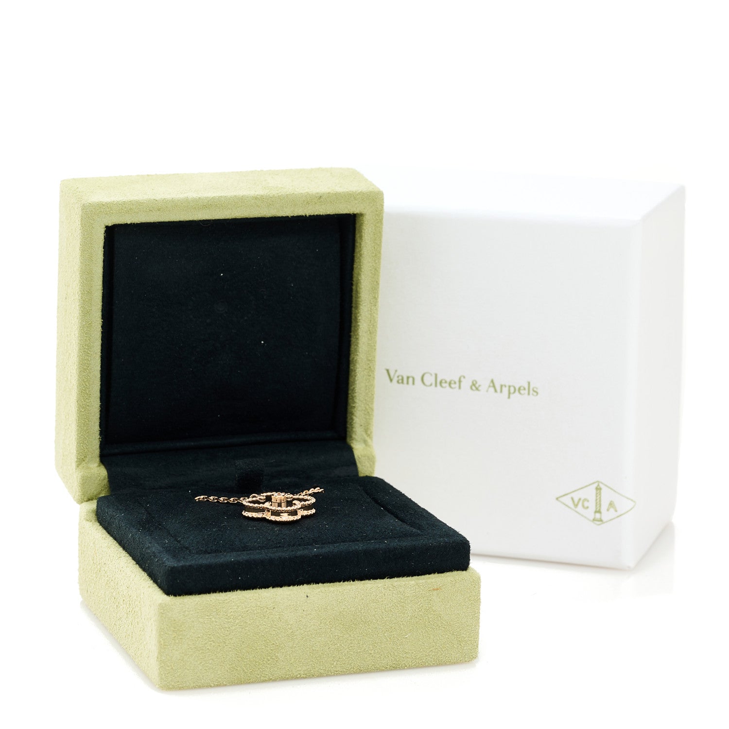 Van Cleef & Arpels 18K Rose Gold Diamond Silver Obsidian Vintage Alhambra Pendant Necklace 7 of 7