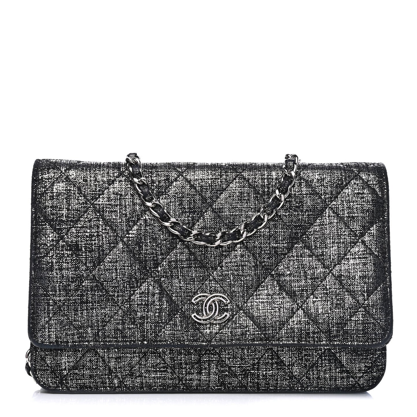 Metallic Iridescent Calfskin Wallet On Chain WOC Black Silver