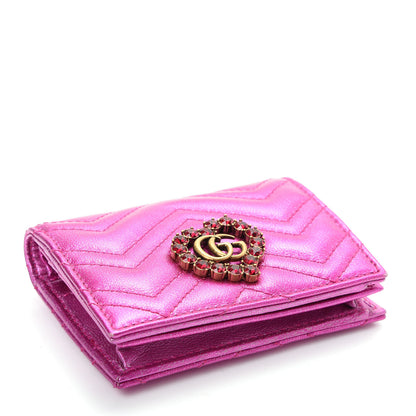 Gucci Metallic Calfskin Matelasse Crystal GG Marmont Wallet Fuchsia 4 of 7