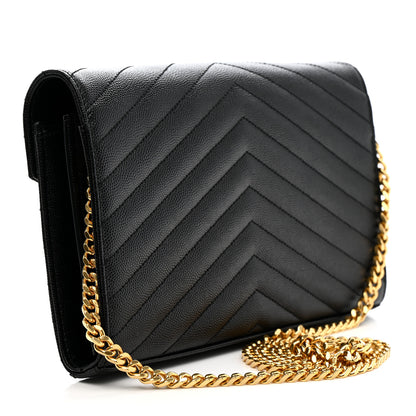 Saint Laurent Grain De Poudre Matelasse Chevron Monogram Chain Wallet Black 3 of 11