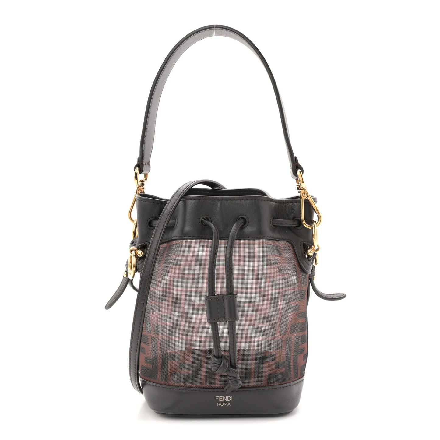Mesh Vitello Grace F is Fendi FF 1974 Mini Mon Tresor Bucket Bag Marrone Black Ebano