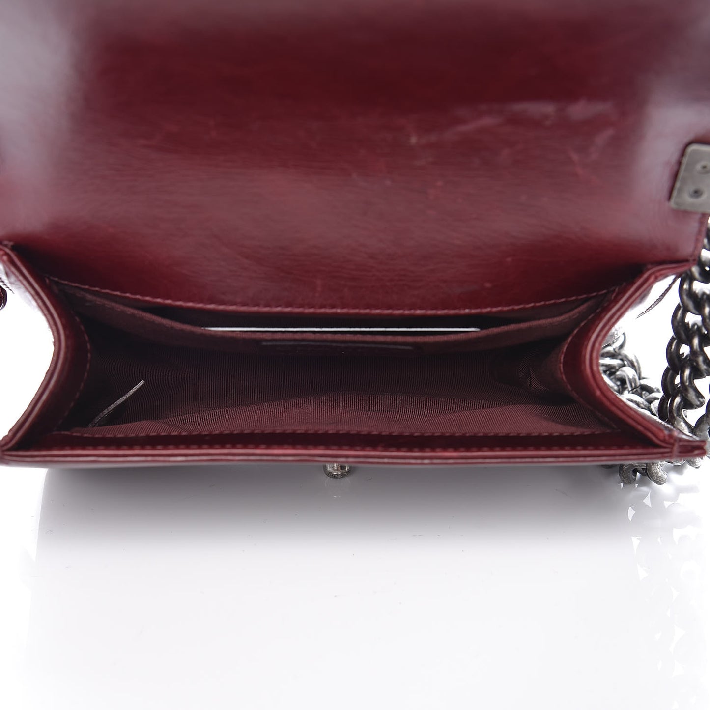 Glazed Calfskin Quilted Small Boy Chained Flap Burgundy