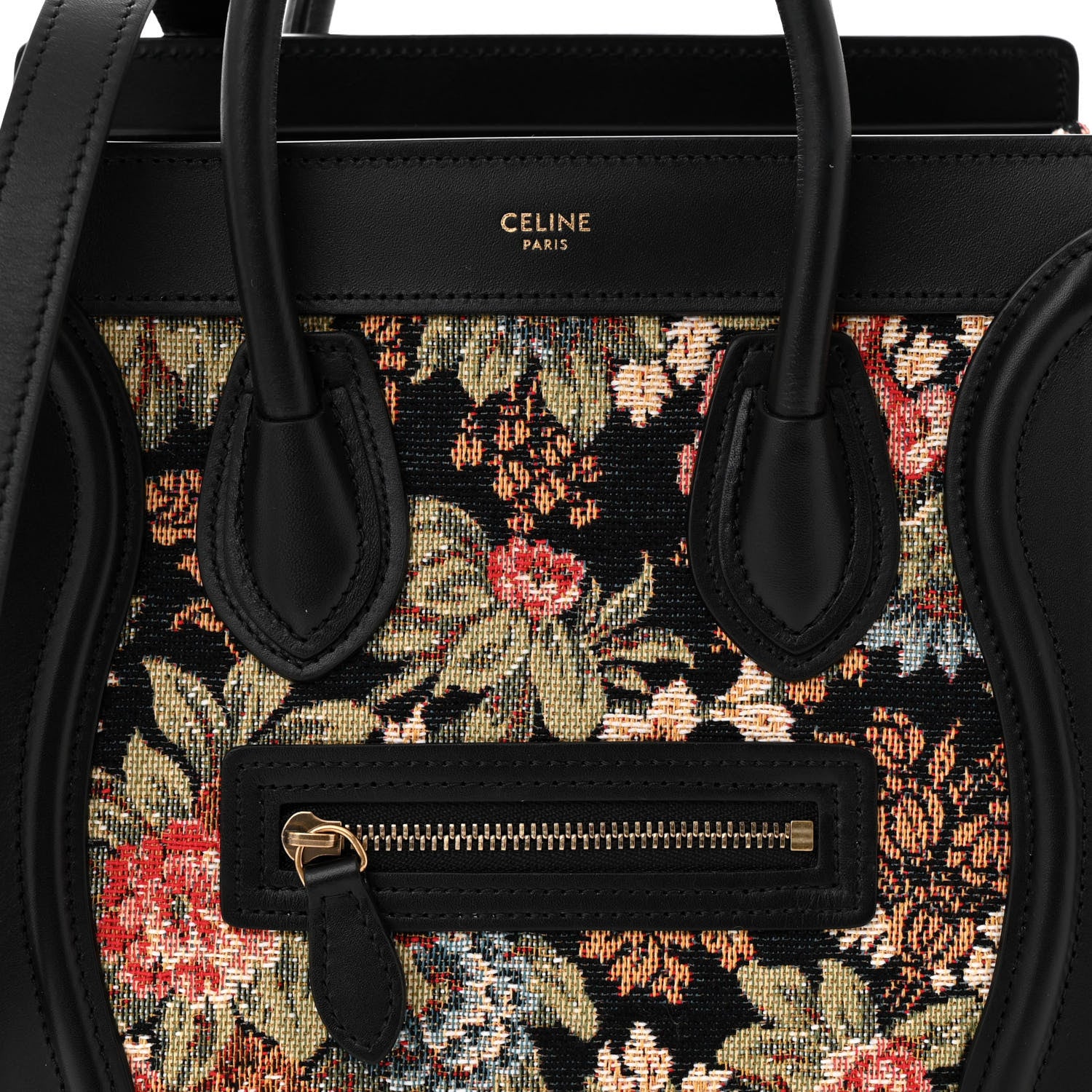 Celine Calfskin Lambskin Canvas Jacquard Floral Nano Luggage Black 9 of 11