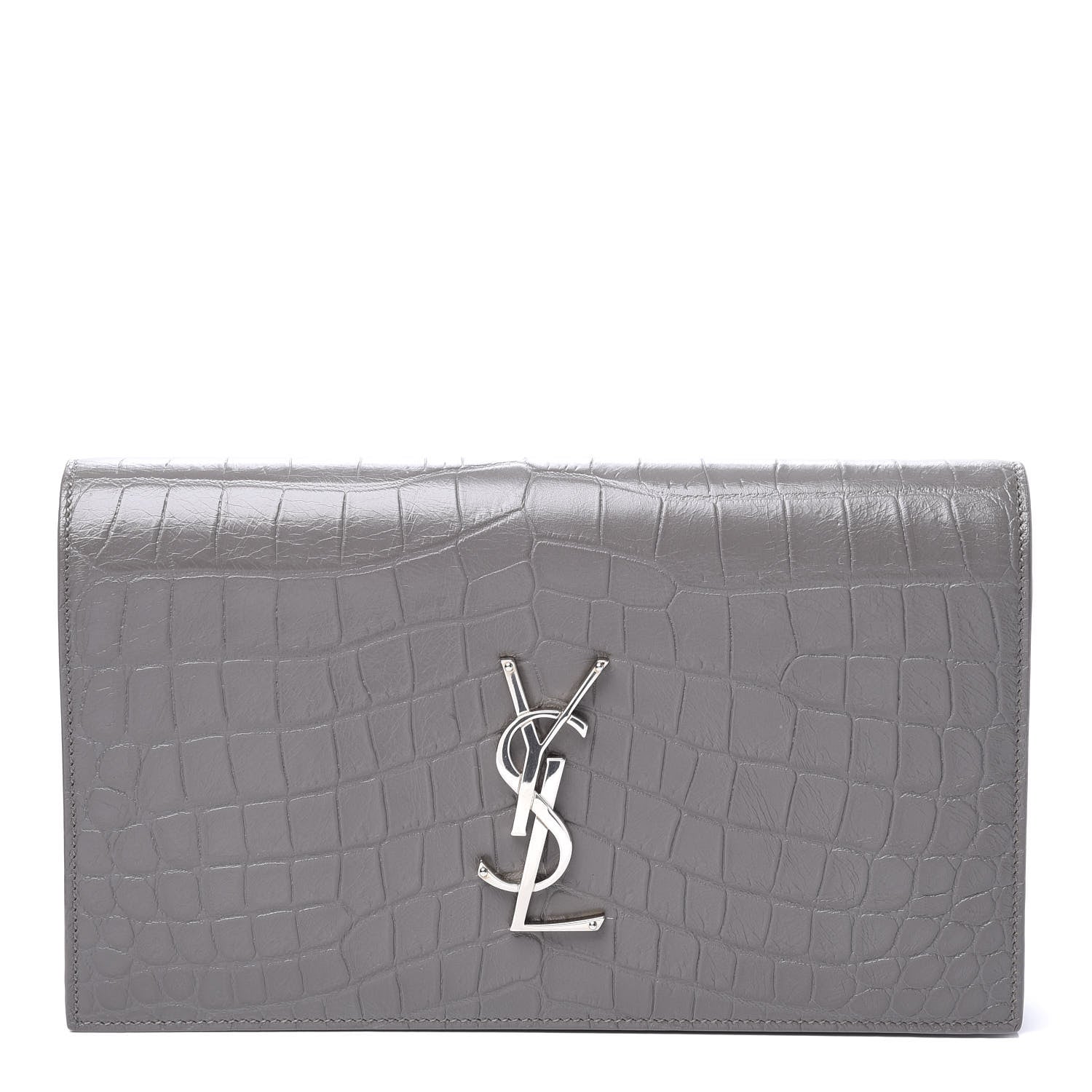 Saint Laurent Croc Embossed Calfskin Classic Kate Monogram Clutch Fog 1 of 9