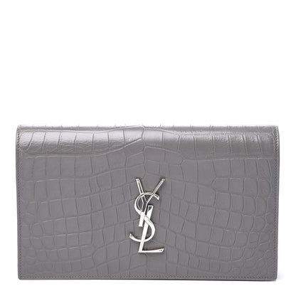 Saint Laurent Croc Embossed Calfskin Classic Kate Monogram Clutch Fog 1 of 9