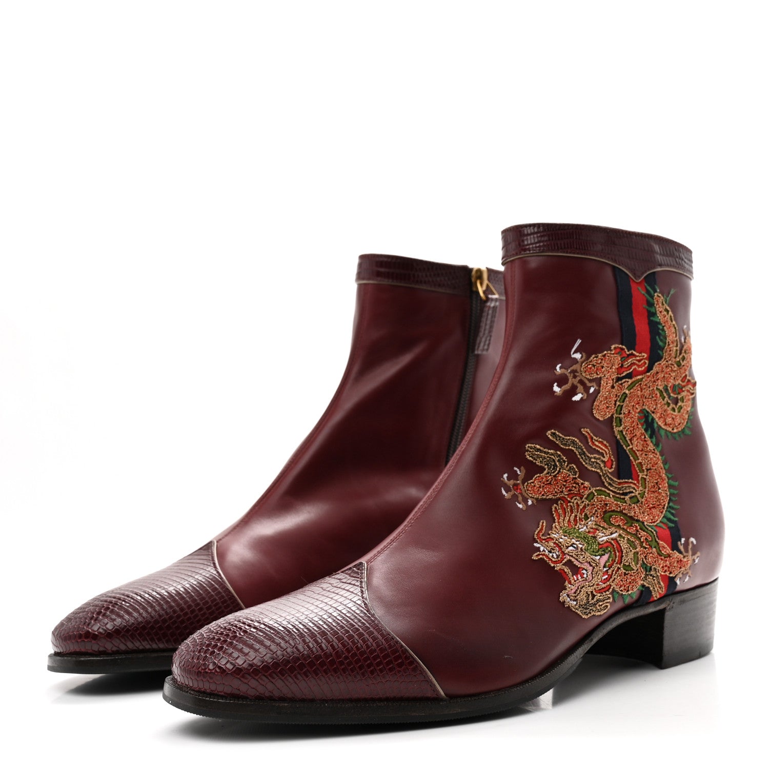 Gucci Calfskin Malaga Kid Lizard Web Dragon Embroidered Ankle Boots 8.5 Bordeaux 4 of 10