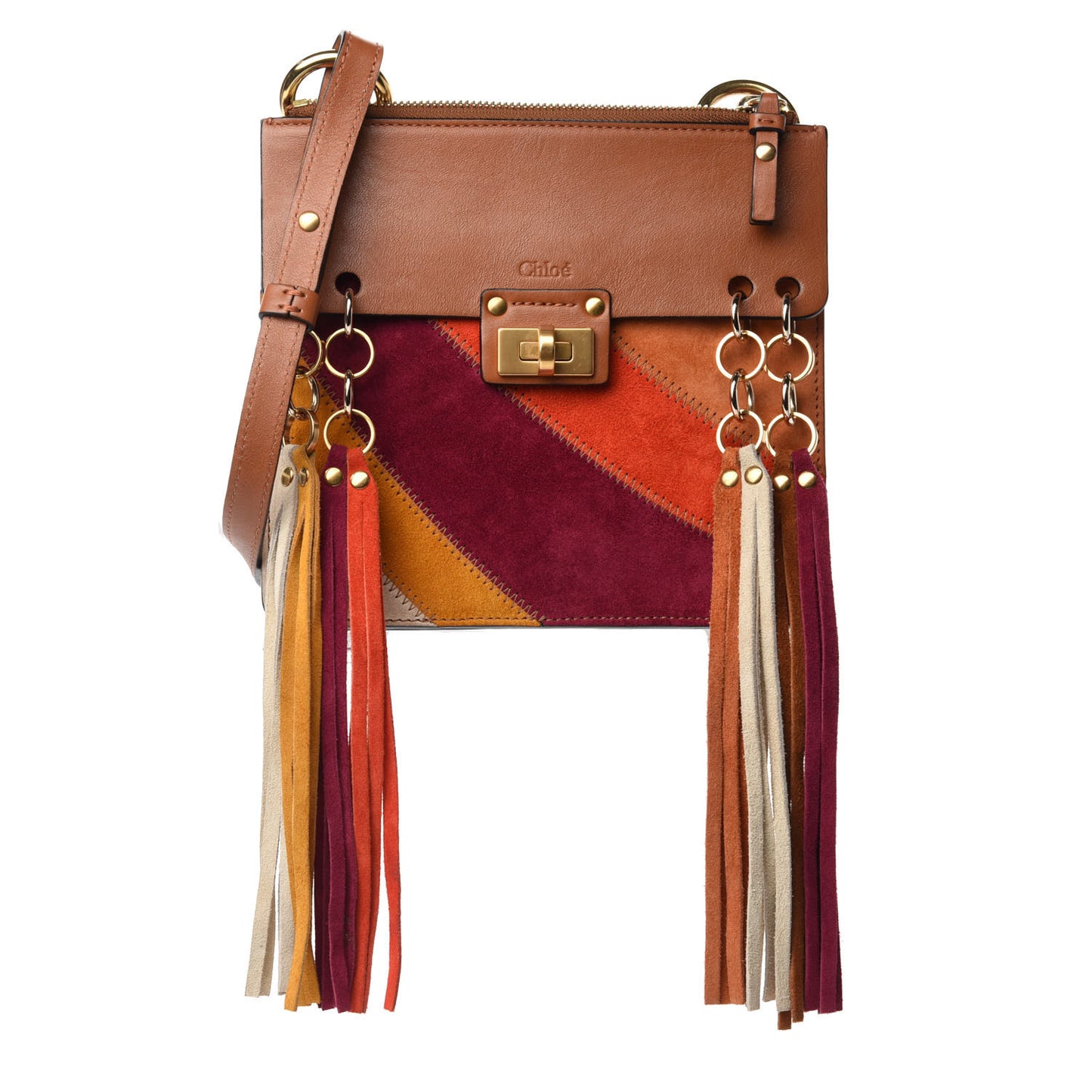 Calfskin Suede Rainbow Patchwork Small Jane Fringe Bag Caramel