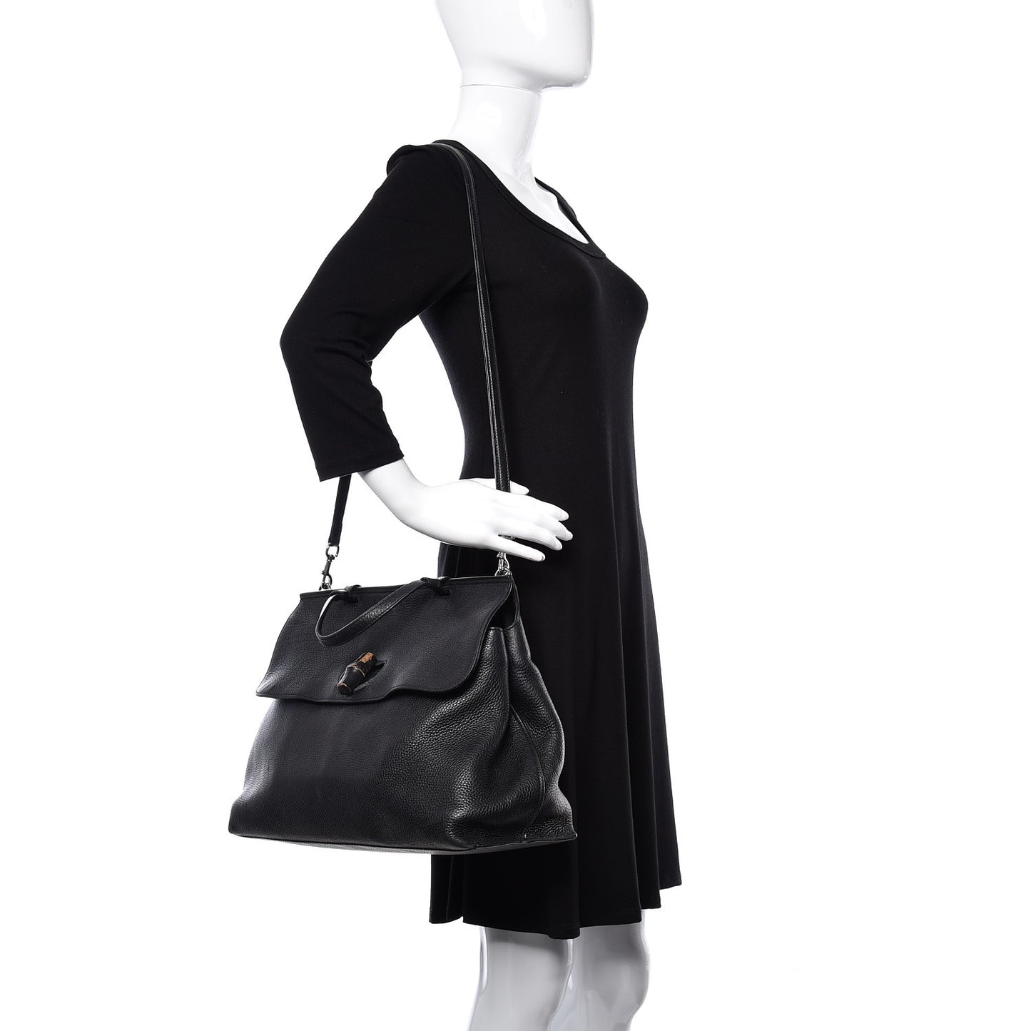Pebbled Calfskin Large Bamboo Daily Top Handle Bag Black