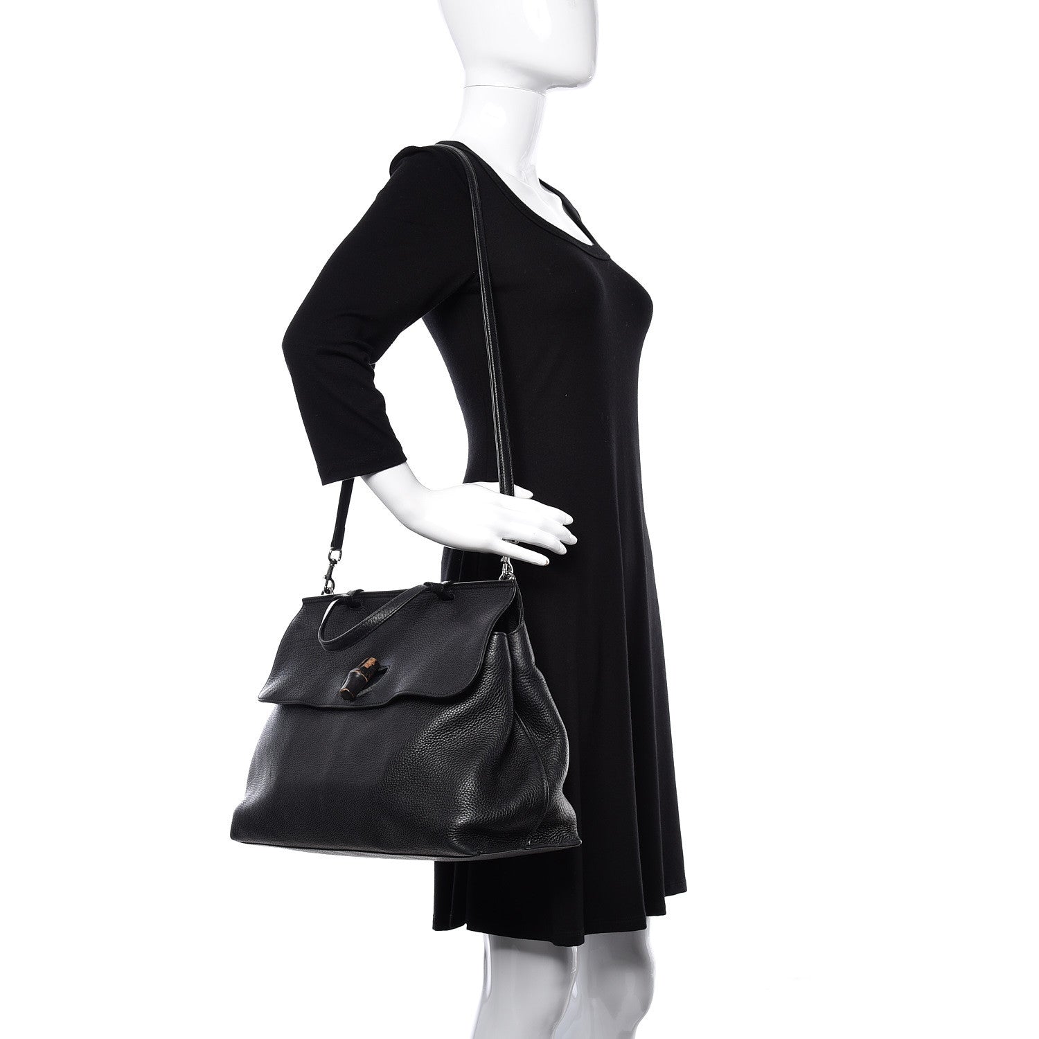 Gucci Pebbled Calfskin Large Bamboo Daily Top Handle Bag Black 3 of 19