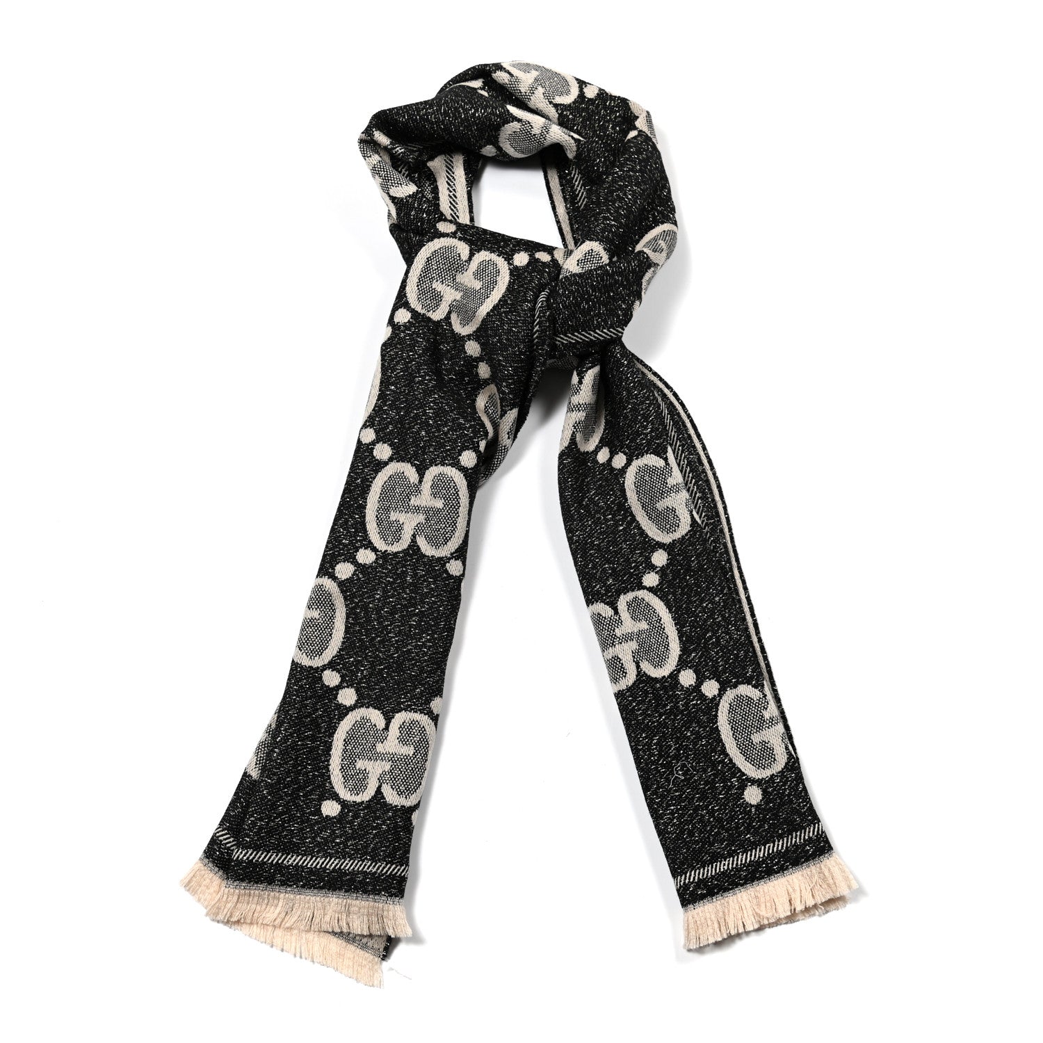 Gucci Wool Lame Jacquard Monogram Jumbo GG Lady Nest Lux Scarf Black Ivory 1 of 4