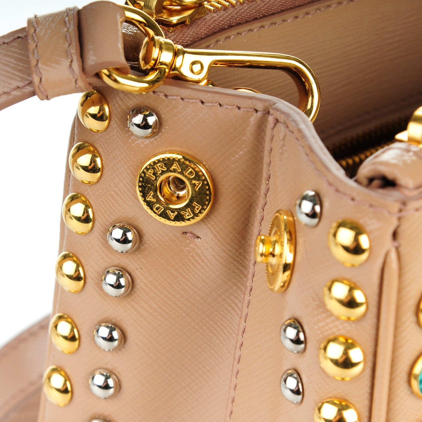 Saffiano Vernice Studded Crystal Small Galleria Double Zip Tote Cammeo