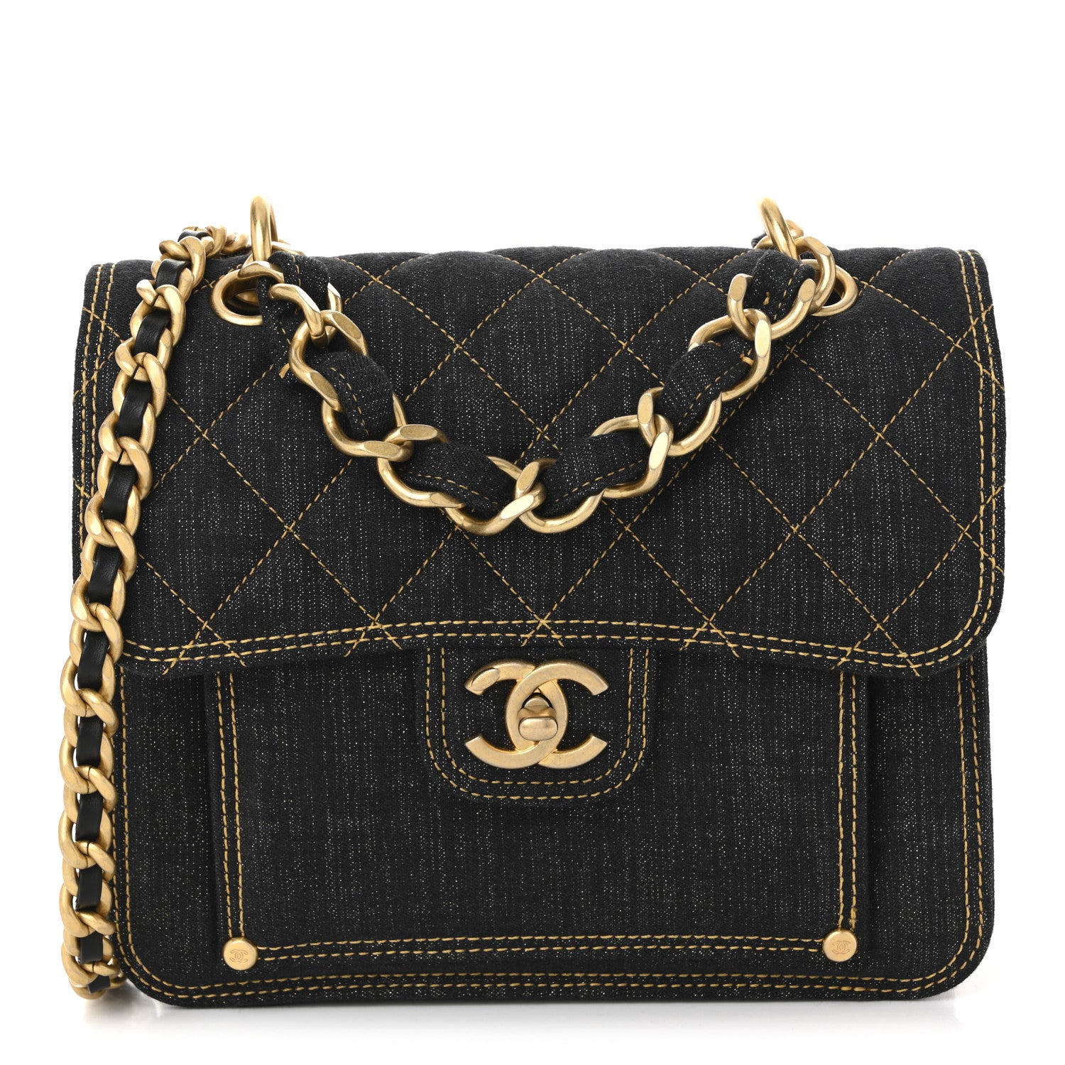 Chanel Denim Quilted Double You Mini Flap Black Golden 2 of 19