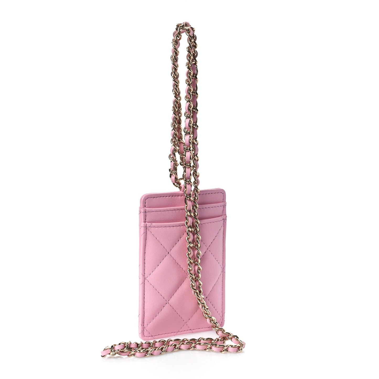 Lambskin Quilted Chanel Card Holder On Chain Pink