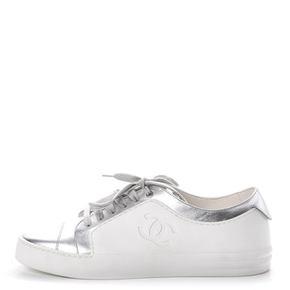 Chanel Iridescent Goatskin Sneakers 40.5 White Silver 1 of 10
