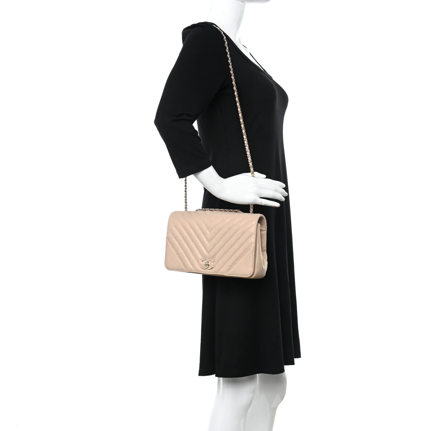 Chanel Metallic Caviar Chevron Quilted Medium Statement Flap Beige 2 of 10