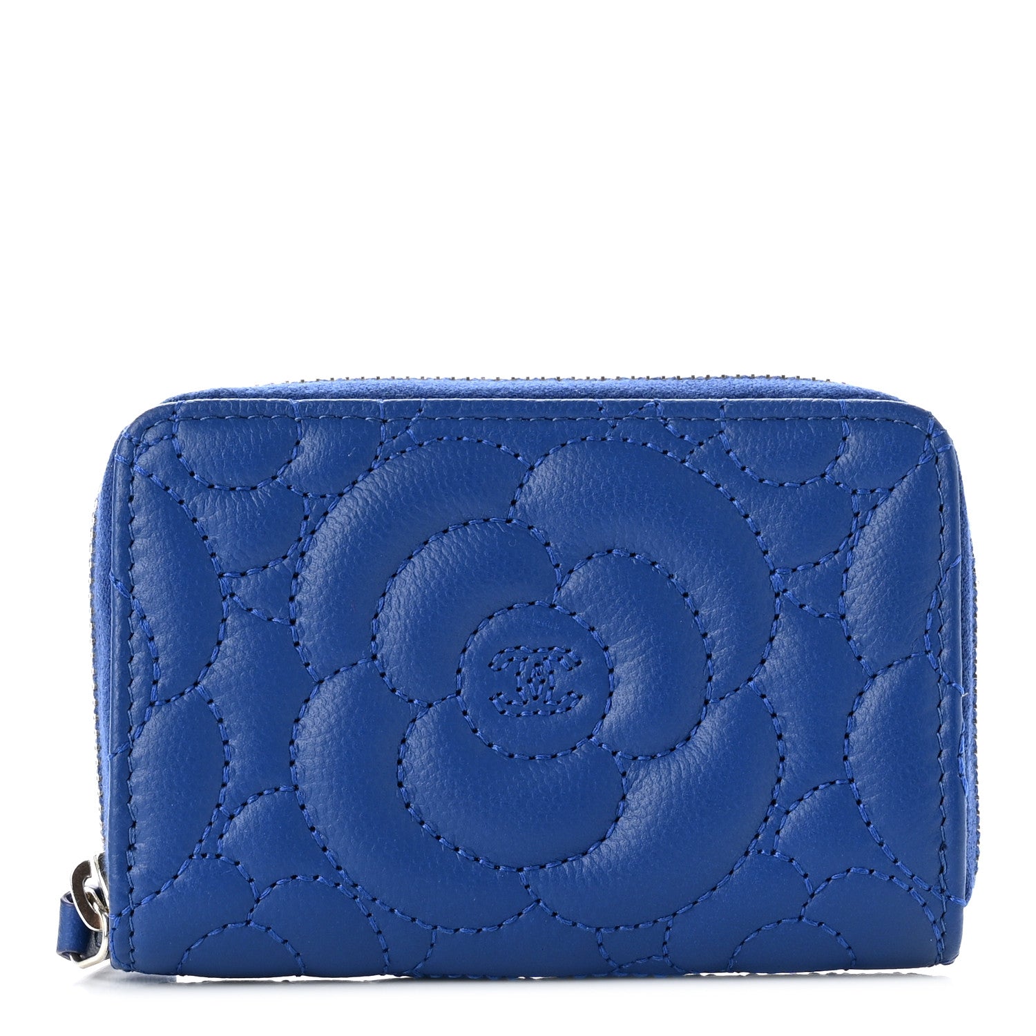 Chanel Caviar Camellia Embossed Zip Coin Purse Blue 1 of 8