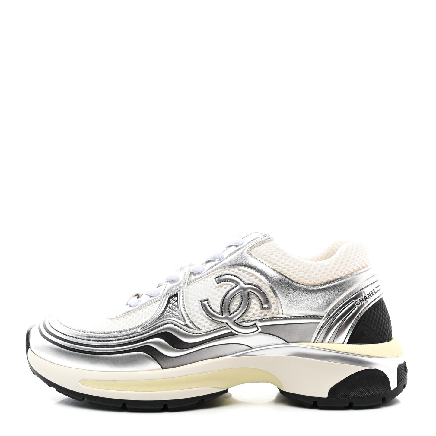 Fabric Laminated Calfskin Stretch CC Womens Sneakers 38.5 White Silver