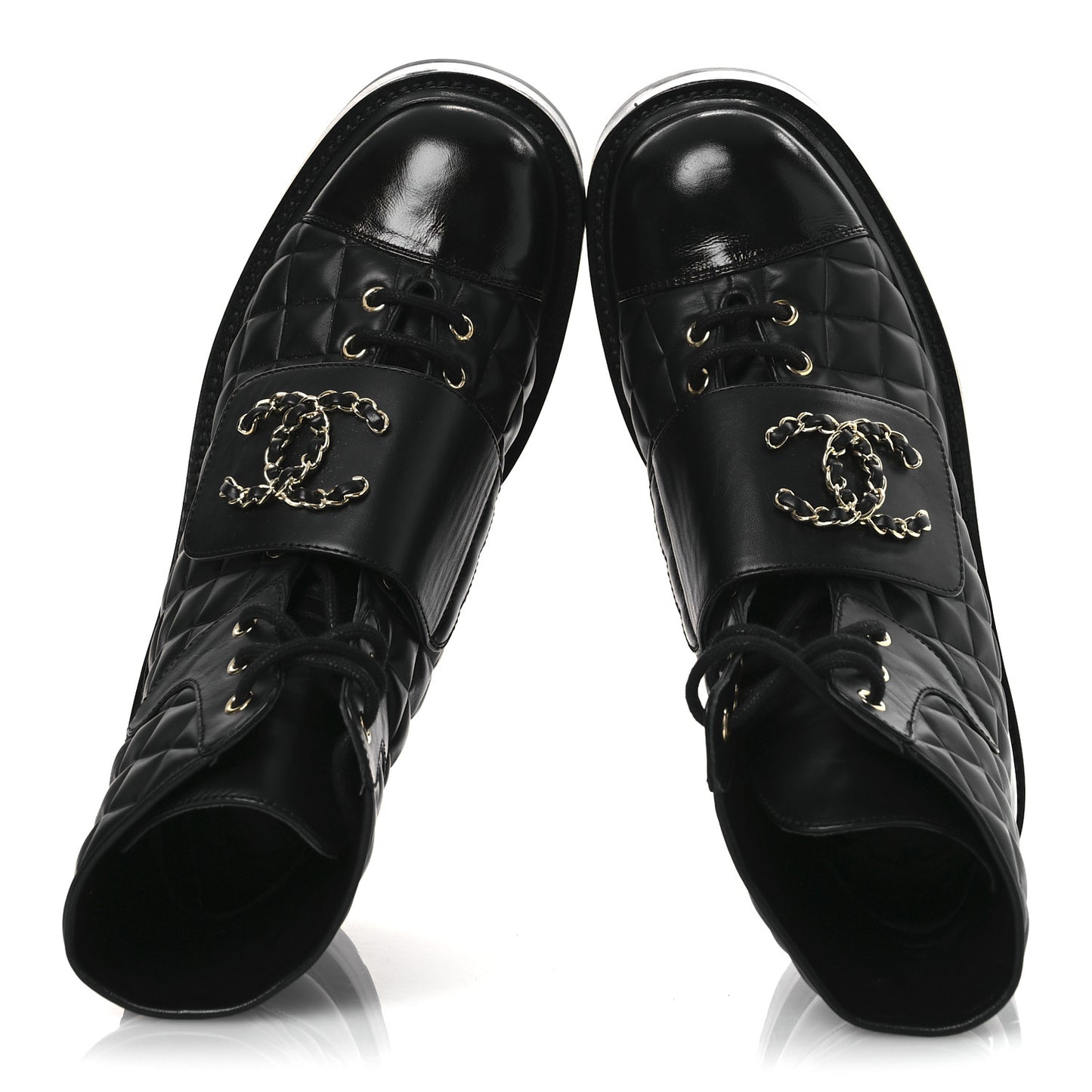 Shiny Calfskin Quilted Lace Up Combat Boots 38 Black