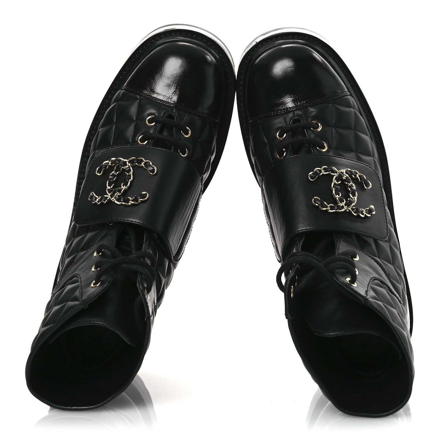 Chanel Shiny Calfskin Quilted Lace Up Combat Boots 38 Black 2 of 12