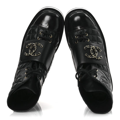Chanel Shiny Calfskin Quilted Lace Up Combat Boots 38 Black 2 of 12