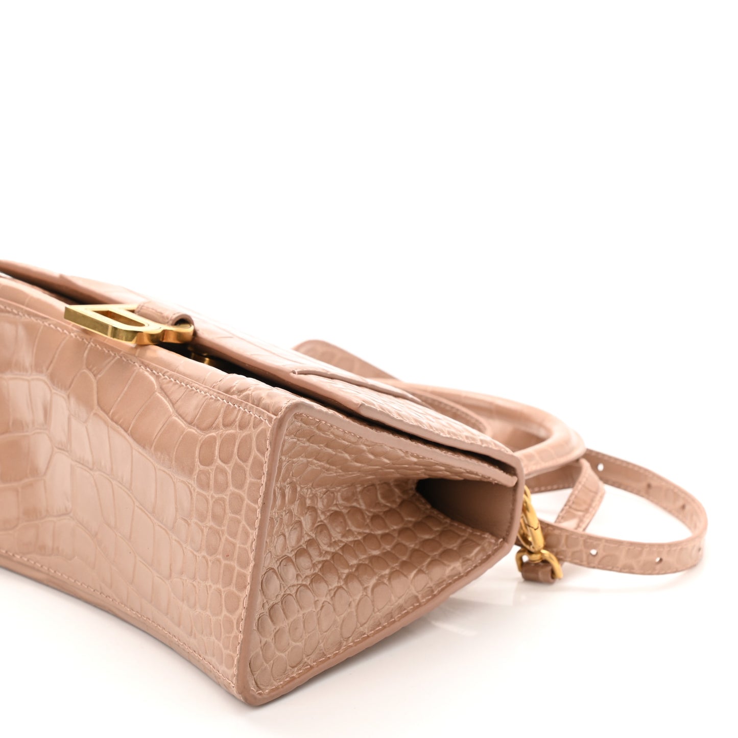 Shiny Calfskin Crocodile Embossed Small Hourglass Top Handle Bag Nude Beige