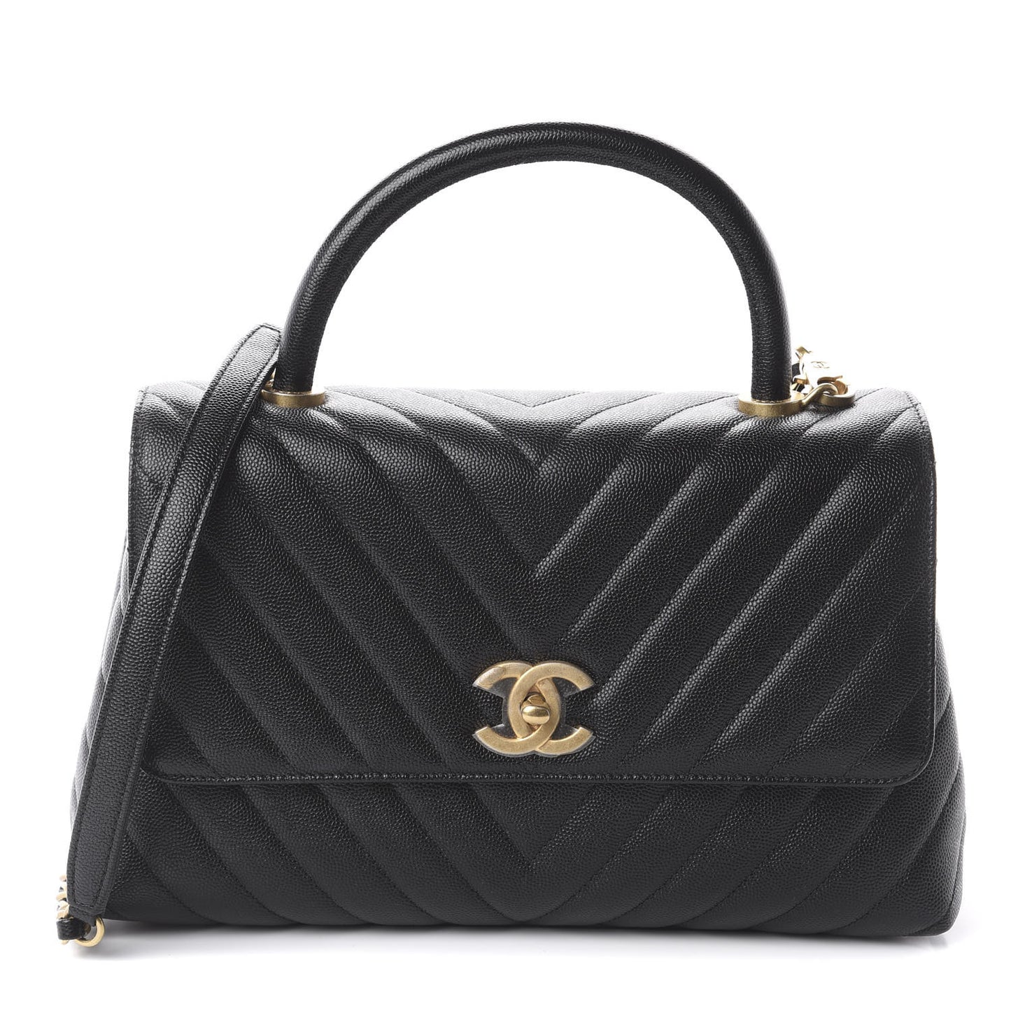 Caviar Chevron Quilted Small Coco Handle Flap Black