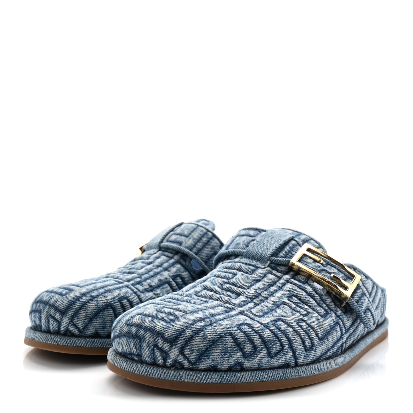 Denim Jacquard FF Womens Fendi Feel Buckled Mules 38 Blue
