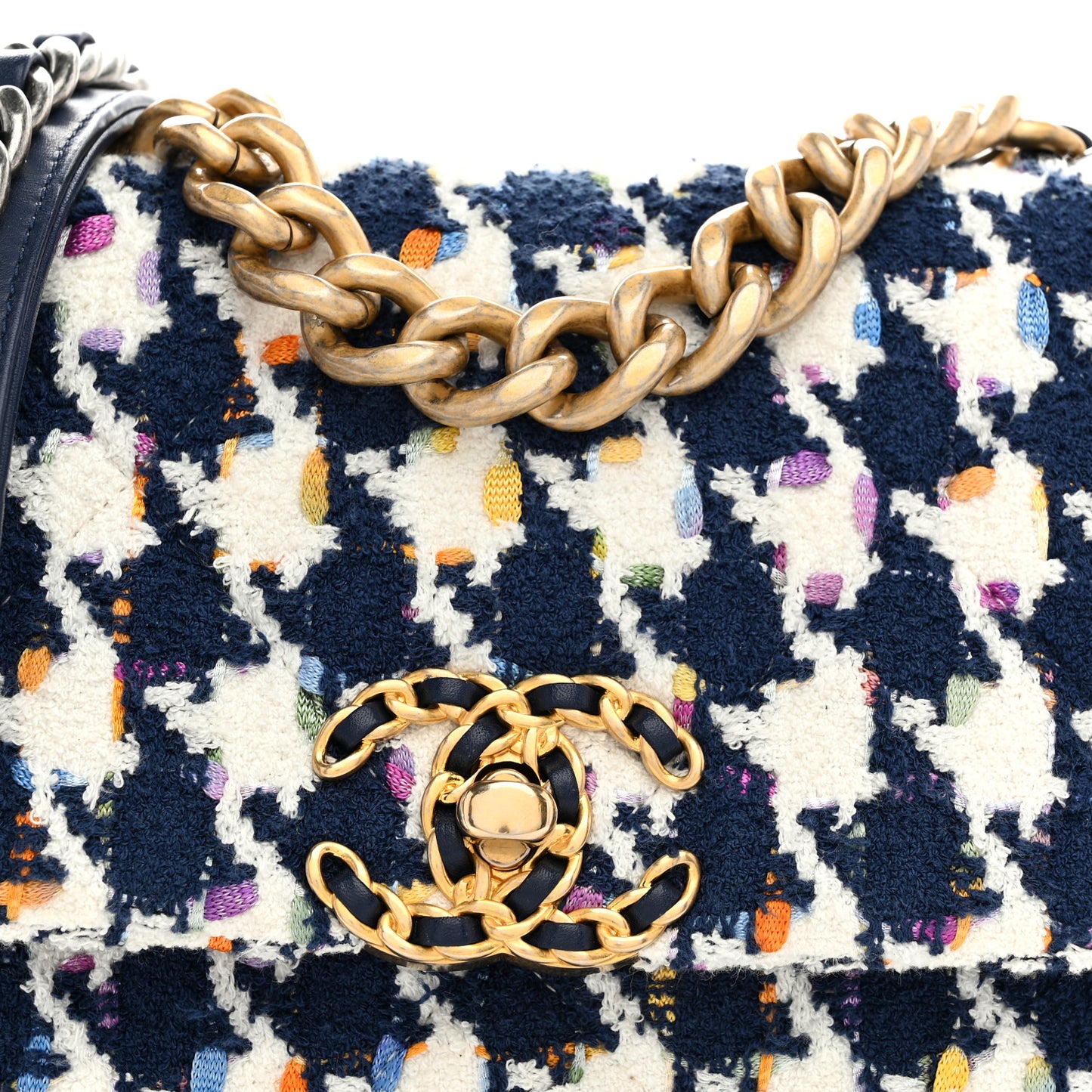 Tweed Quilted Medium Chanel 19 Flap Ecru Navy Blue Multicolor
