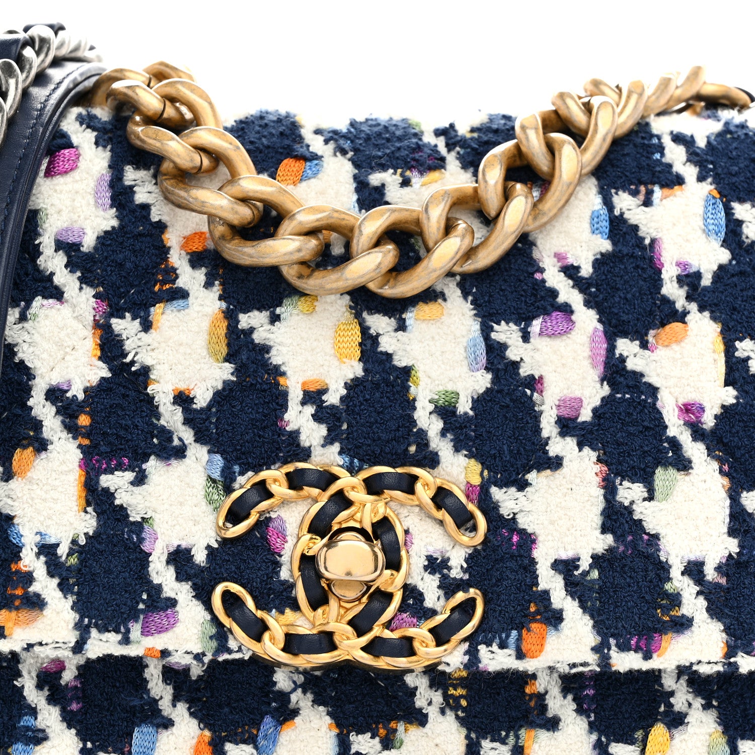 Chanel Tweed Quilted Medium Chanel 19 Flap Ecru Navy Blue Multicolor 8 of 10