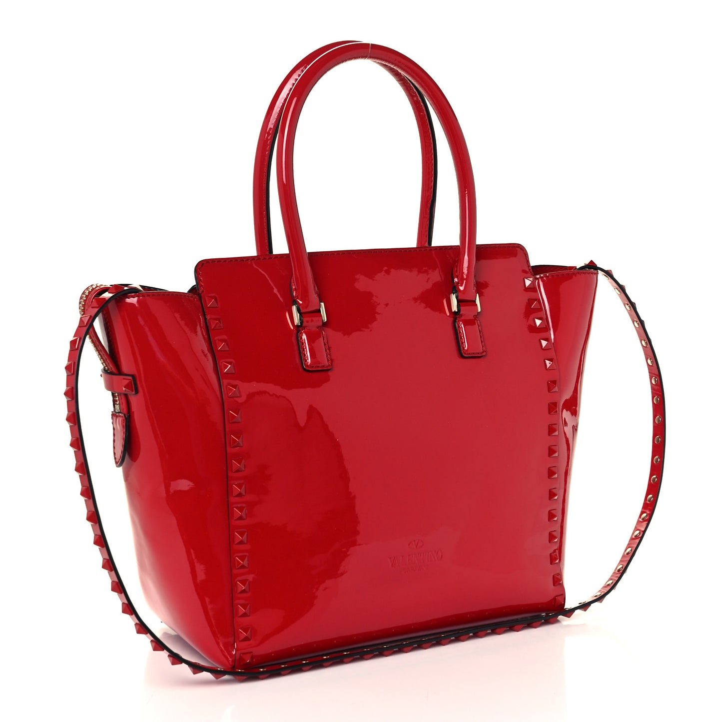 Patent Monochrome Rockstud Double Handle Tote Rosso Valentino