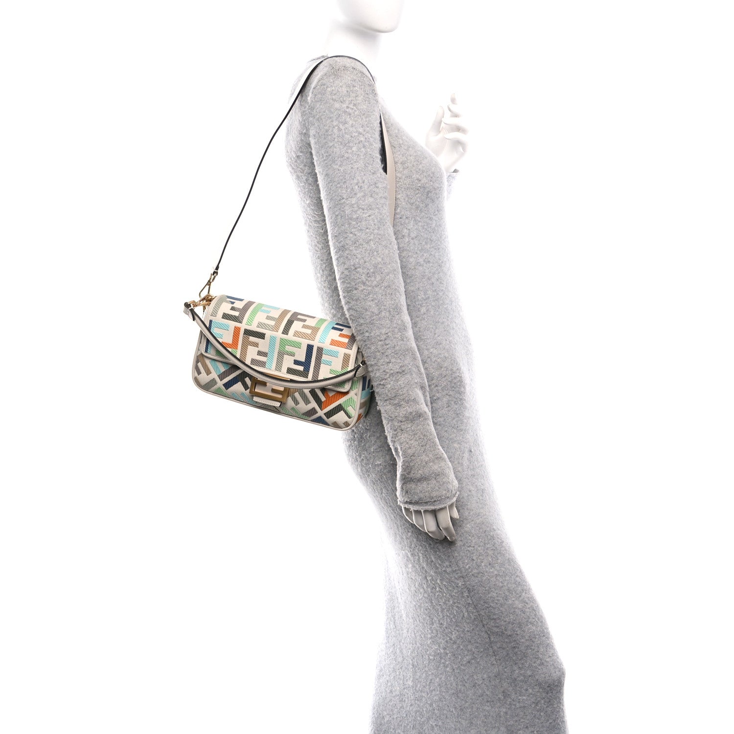 Fendi Canvas Vitello Seta FF Multicolor Embroidered Baguette