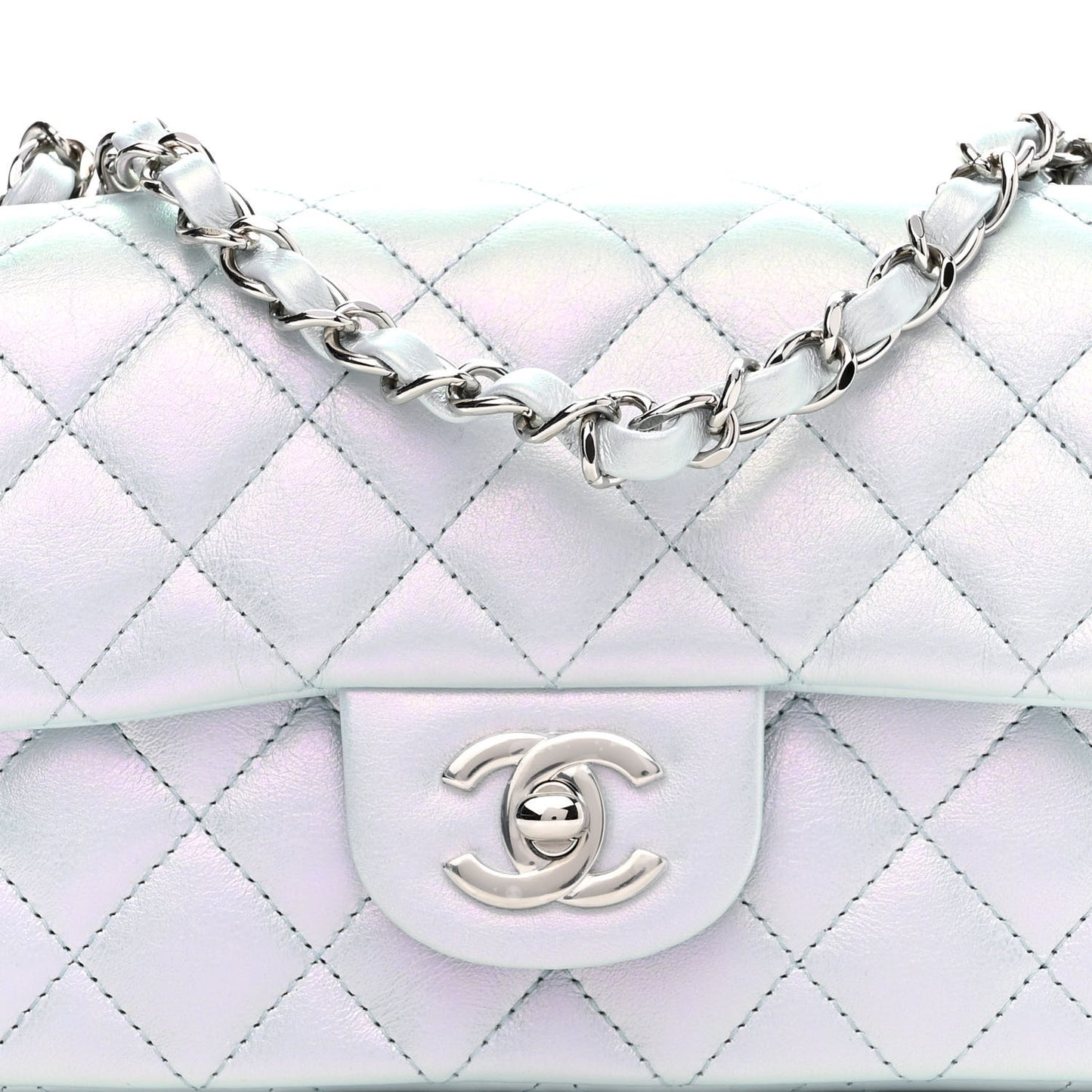 Iridescent Calfskin Quilted Mini Rectangular Flap Light Blue
